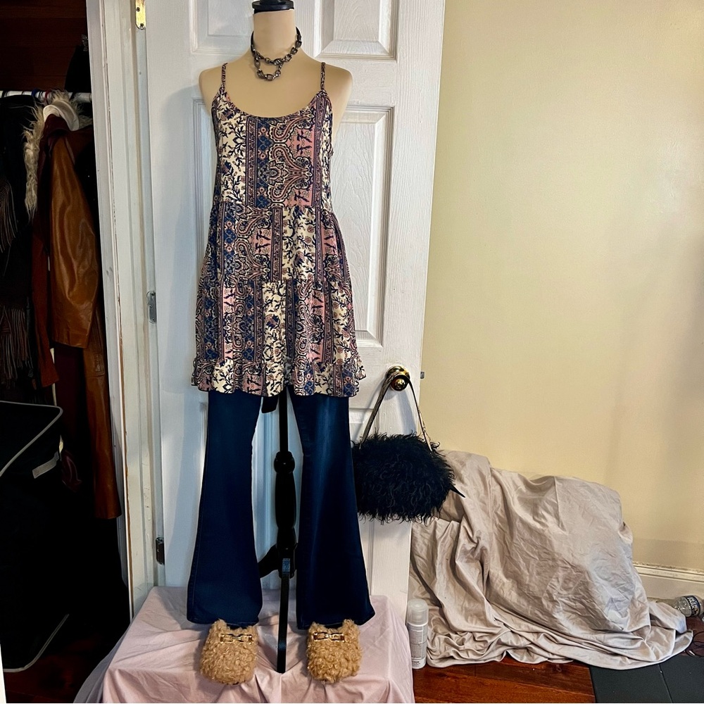Poetry Women’s‎ Boho Babydoll Y2K Paisley Cutout Ruffle Tiered Mini Dress Top S